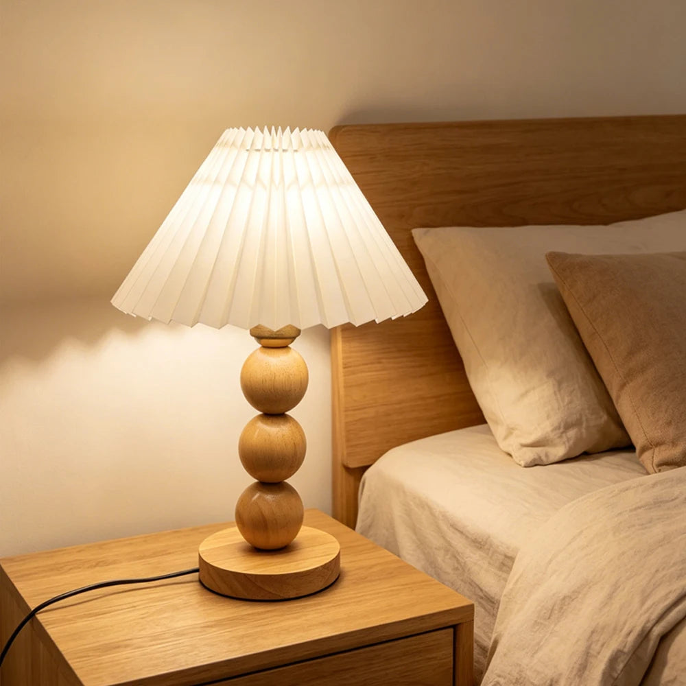 Pleated Shade Wooden Table Lamp – Turned Wood Bedside Lamp in 2 Sizes