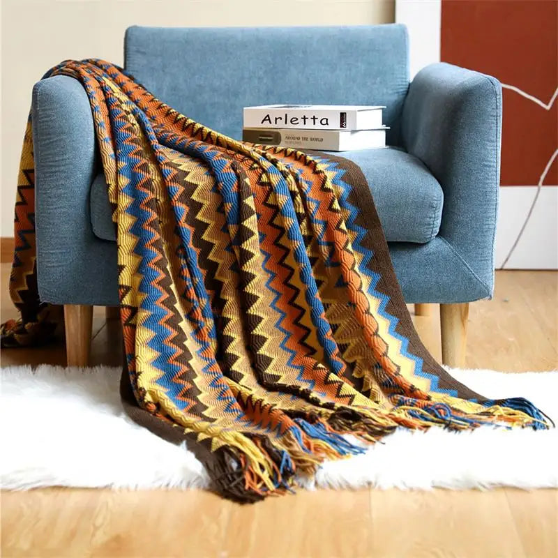 Hand-Knitted Tassel Throw Blanket – Boho Knit Throw for Sofa & Bed