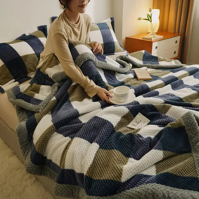 Chunky Chenille Knit Throw Blanket – Soft Checkered Sofa & Bed Throw