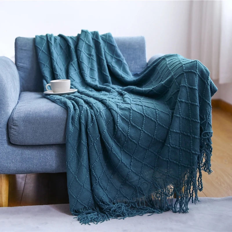 Diamond Knit Tassel Throw Blanket – Textured Throw for Sofa & Bed