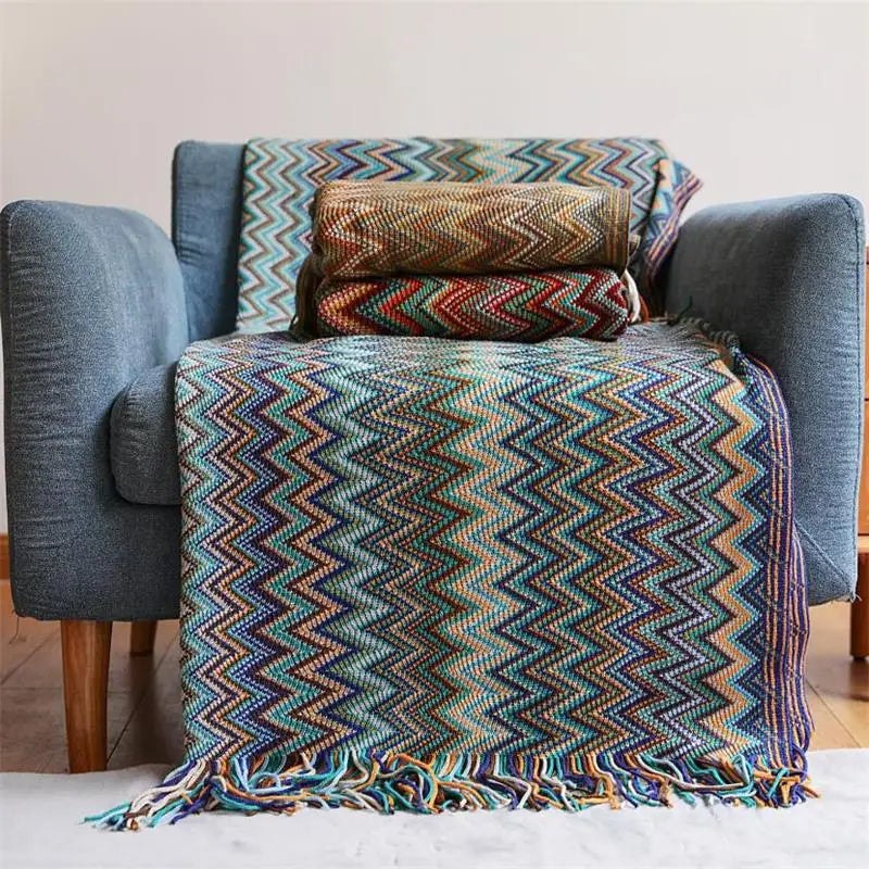 Hand-Knitted Tassel Throw Blanket – Boho Knit Throw for Sofa & Bed