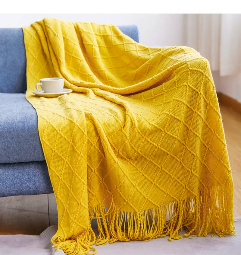 Diamond Knit Tassel Throw Blanket – Textured Throw for Sofa & Bed