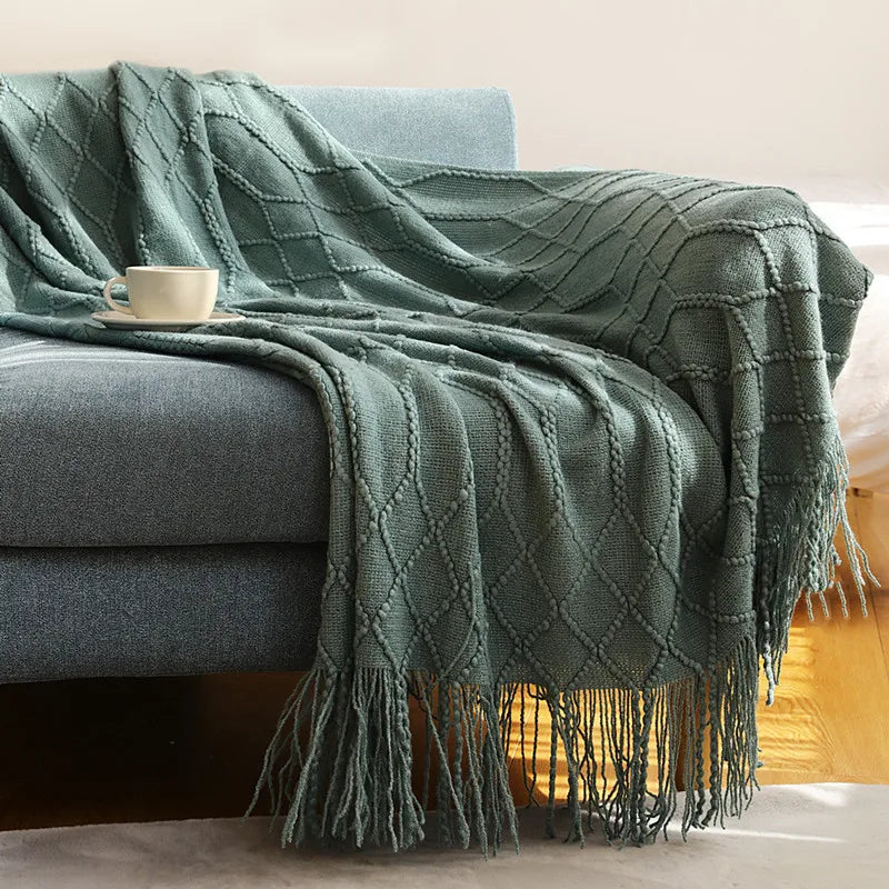 Diamond Knit Tassel Throw Blanket – Textured Throw for Sofa & Bed