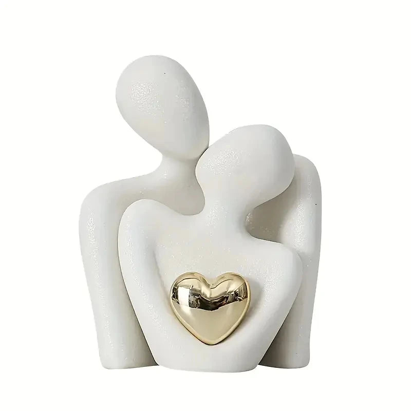 Small Couple Figurine – Embrace Sculpture with Gold Heart