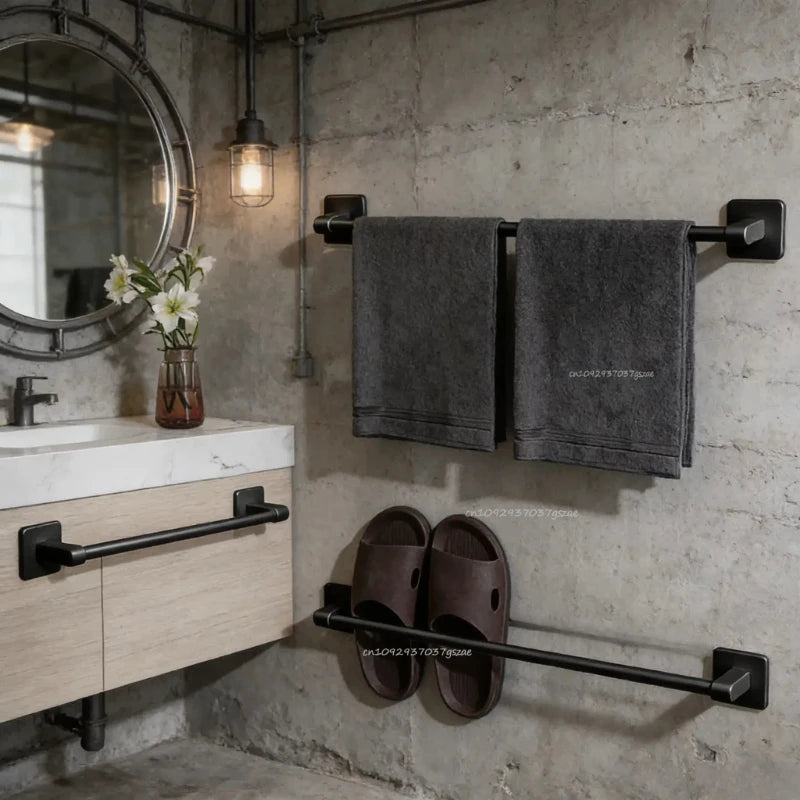 Adhesive Towel Bar – No-Drill Black Bathroom Towel Rack