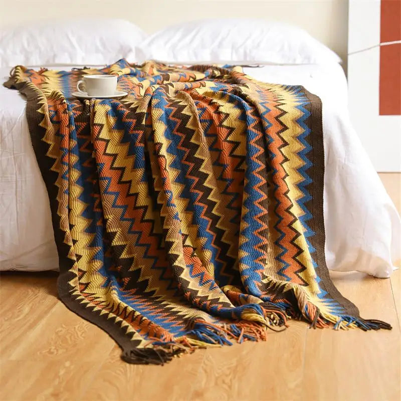 Hand-Knitted Tassel Throw Blanket – Boho Knit Throw for Sofa & Bed