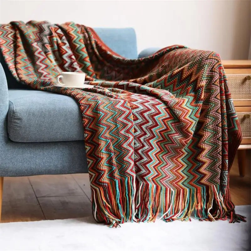 Hand-Knitted Tassel Throw Blanket – Boho Knit Throw for Sofa & Bed
