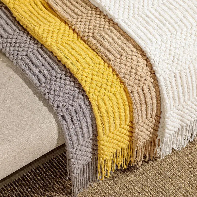 Diamond Knit Tassel Throw Blanket – Textured Throw for Sofa & Bed