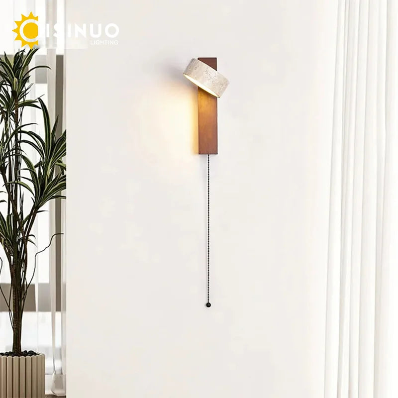 Travertine Wall Sconce – Adjustable Stone & Wood Bedside Wall Light