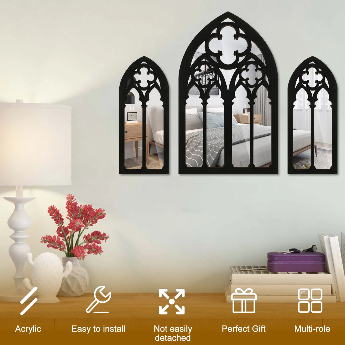 Arched Wall Mirror Set of 3 – Vintage Window Mirrors for Entryway