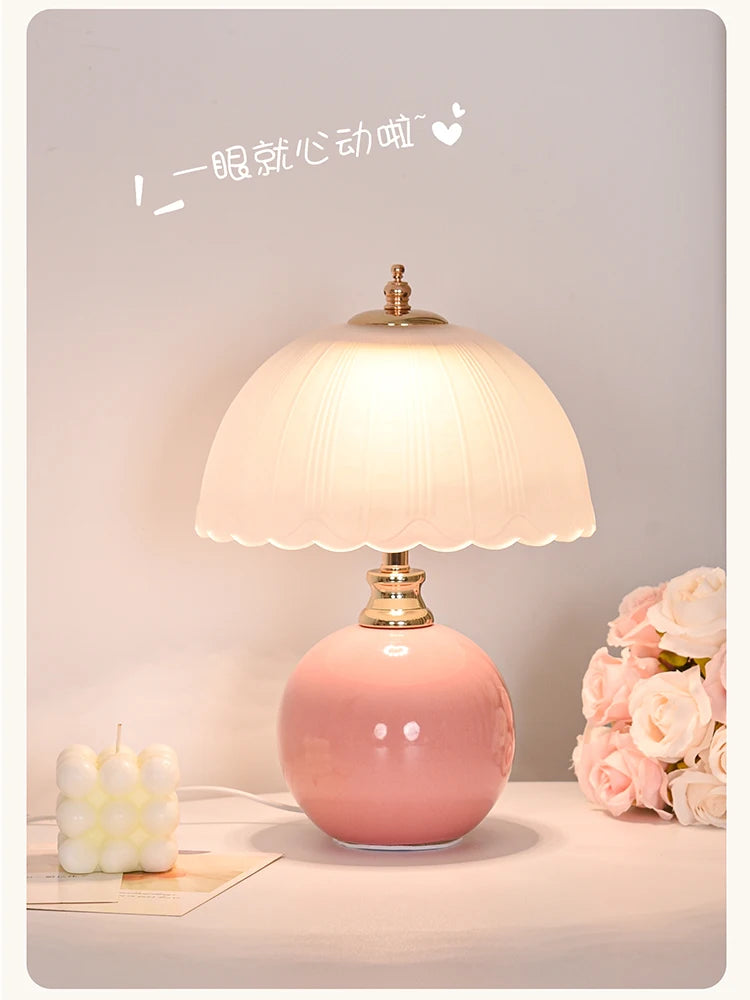 Glass Dome Bedside Lamp – Ceramic Base Nightstand Lamp, USB or Plug