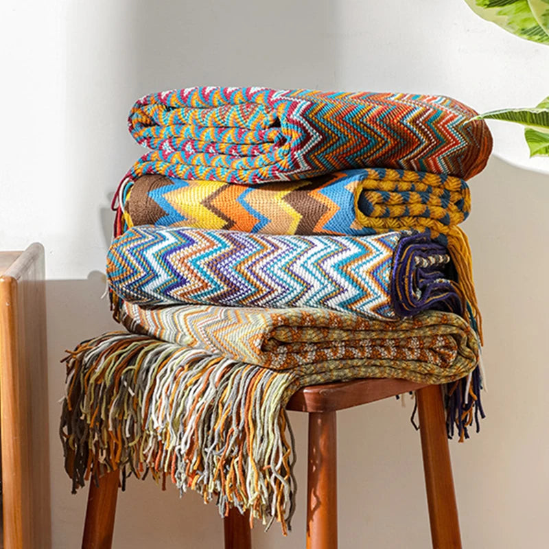 Boho Zigzag Knit Throw Blanket – Tasseled Throw for Sofa & Bed