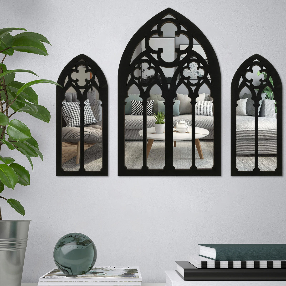Arched Wall Mirror Set of 3 – Vintage Window Mirrors for Entryway