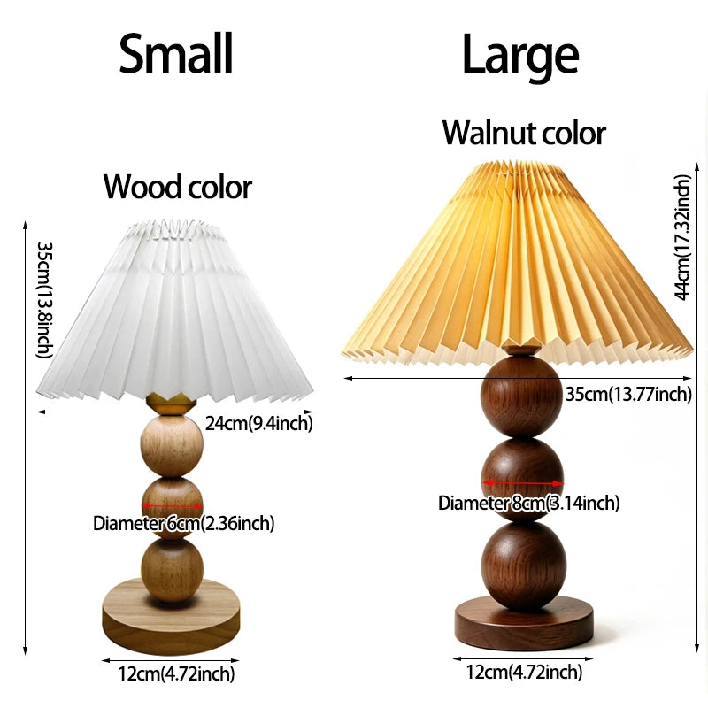 Pleated Shade Wooden Table Lamp – Turned Wood Bedside Lamp in 2 Sizes