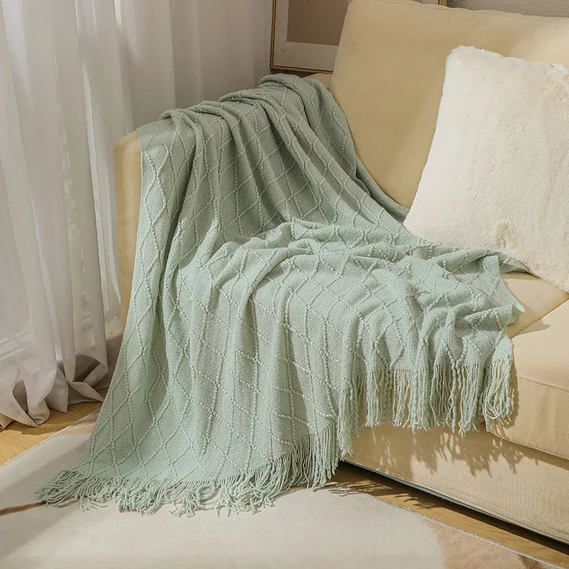 Diamond Knit Tassel Throw Blanket – Textured Throw for Sofa & Bed