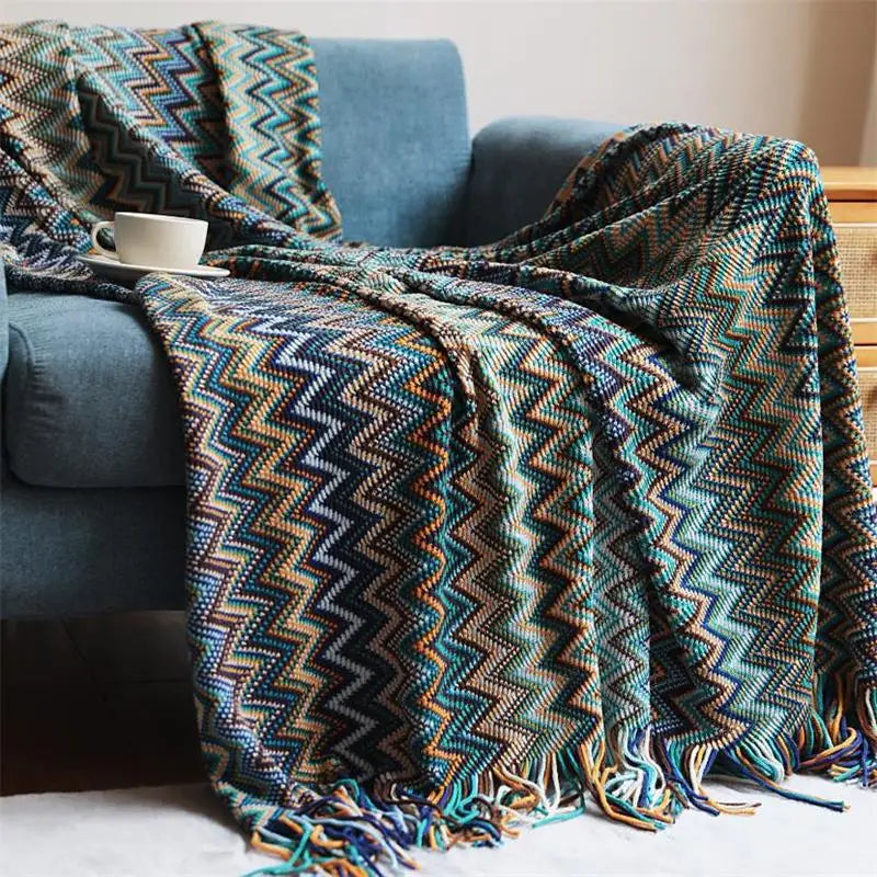 Hand-Knitted Tassel Throw Blanket – Boho Knit Throw for Sofa & Bed