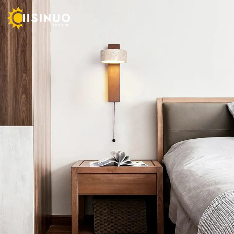 Travertine Wall Sconce – Adjustable Stone & Wood Bedside Wall Light