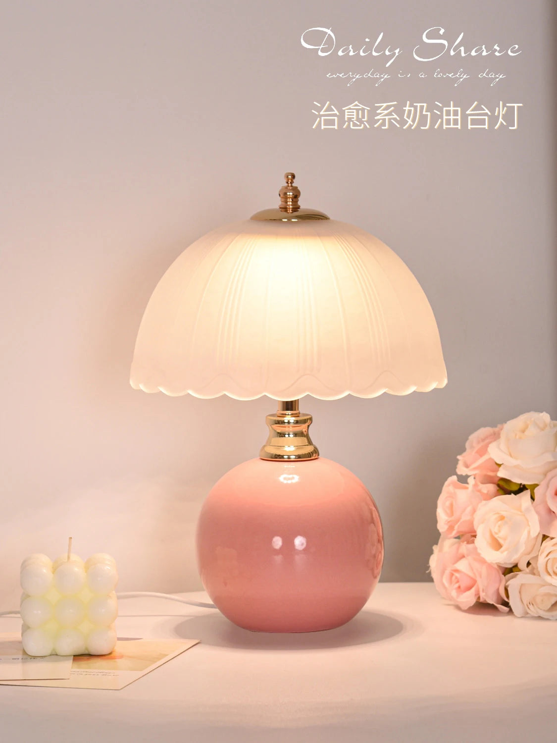 Glass Dome Bedside Lamp – Ceramic Base Nightstand Lamp, USB or Plug