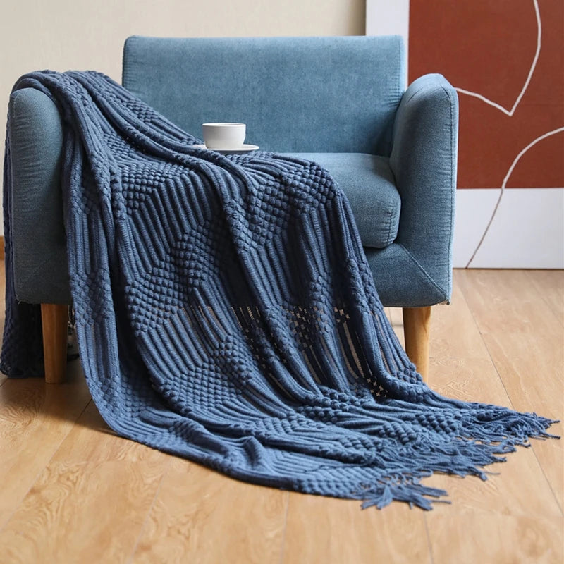 Diamond Knit Tassel Throw Blanket – Textured Throw for Sofa & Bed