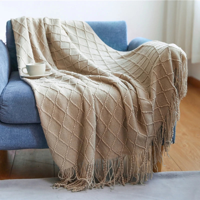 Diamond Knit Tassel Throw Blanket – Textured Throw for Sofa & Bed