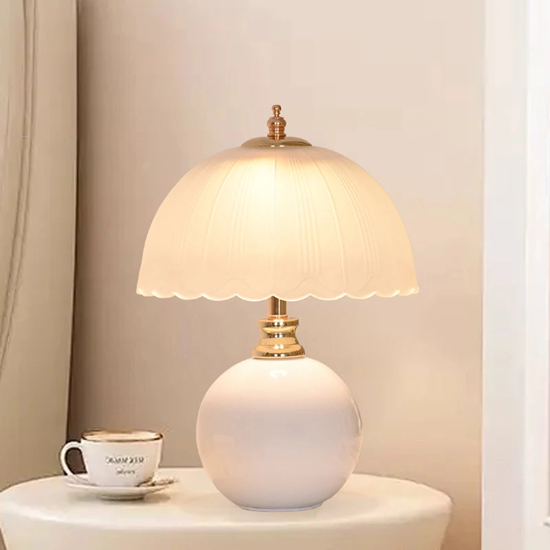 Glass Dome Bedside Lamp – Ceramic Base Nightstand Lamp, USB or Plug