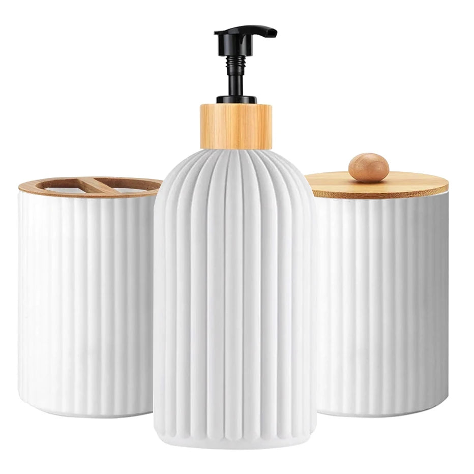 Ribbed Bathroom Accessory Set – Soap Dispenser, Tumbler & Storage Jar