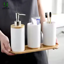 Ceramic Bath Accessory Set – Dispenser Bottles & Cups for Bathroom