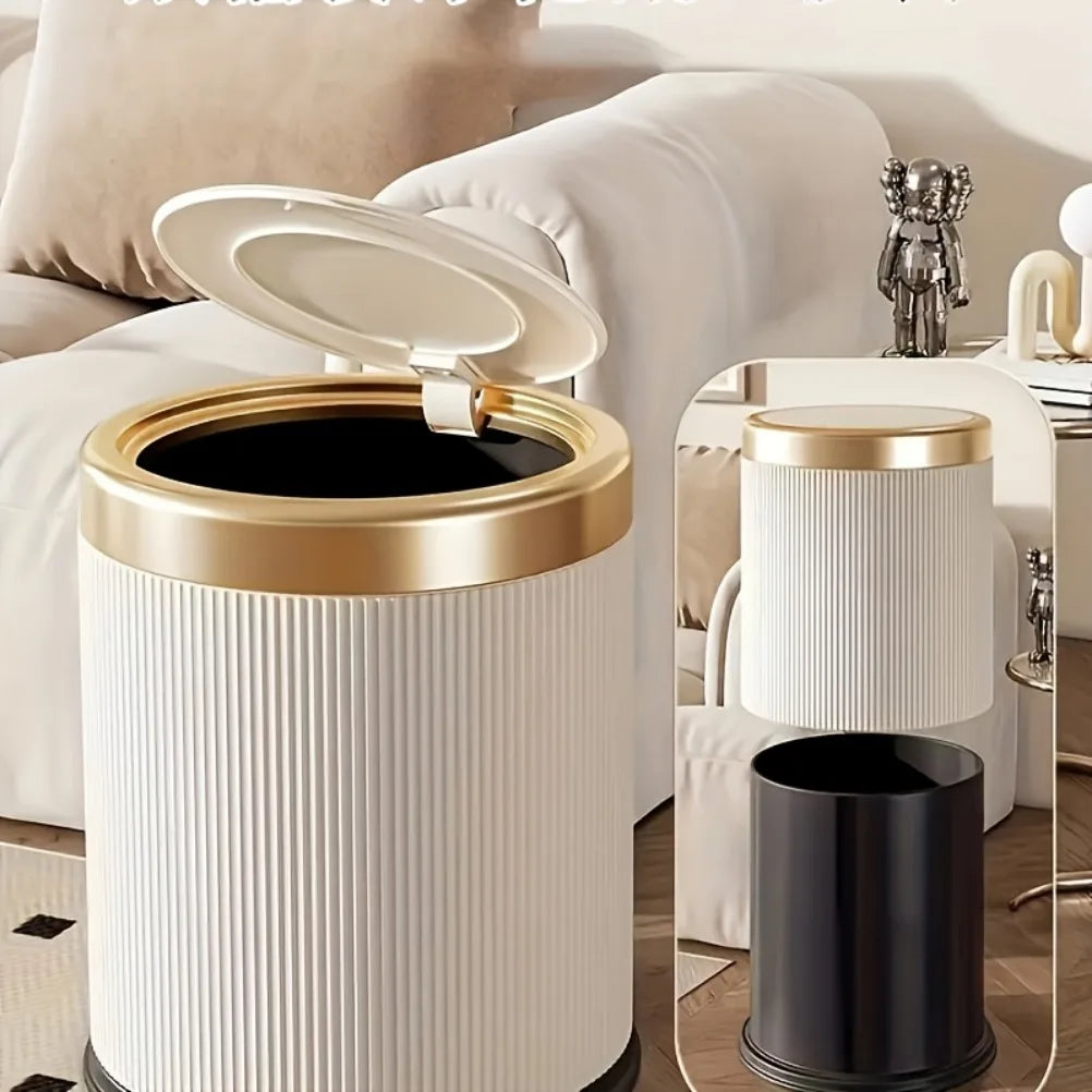 Press-Top Trash Can with Lid – Ribbed Round Bin, 12L or 15L