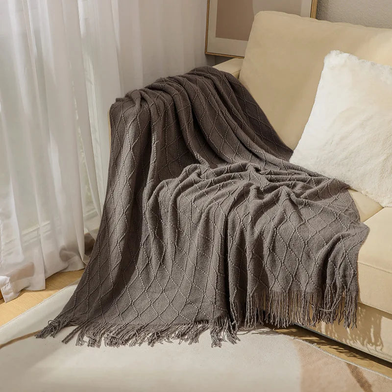 Diamond Knit Tassel Throw Blanket – Textured Throw for Sofa & Bed