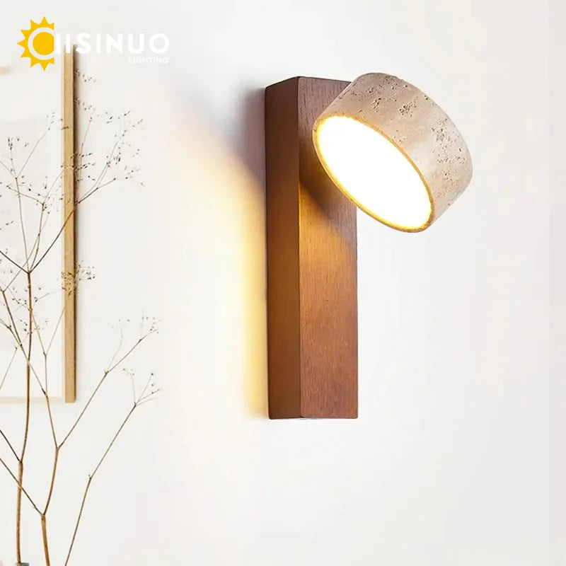Travertine Wall Sconce – Adjustable Stone & Wood Bedside Wall Light