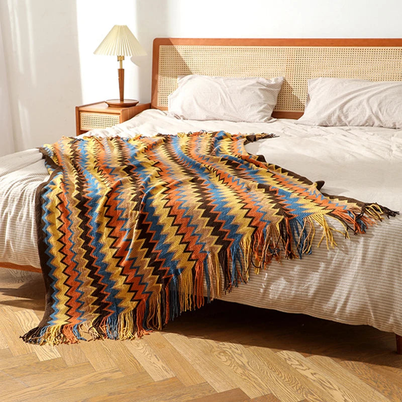 Boho Zigzag Knit Throw Blanket – Tasseled Throw for Sofa & Bed