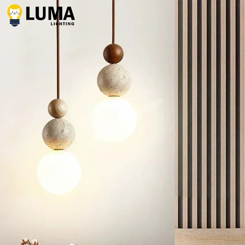 Travertine & Wood Pendant Light – Natural Stone Kitchen Island Light