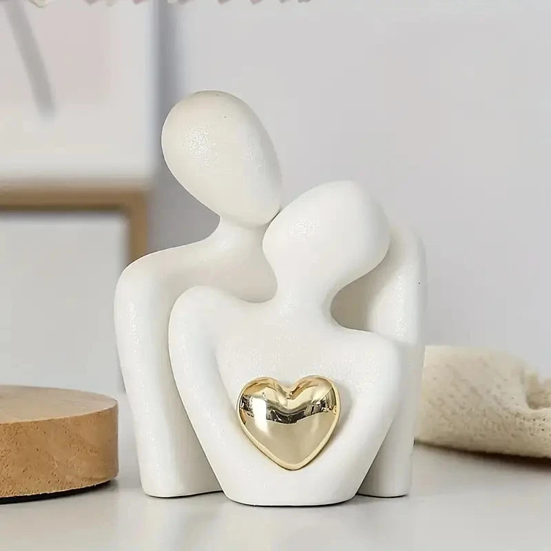 Small Couple Figurine – Embrace Sculpture with Gold Heart