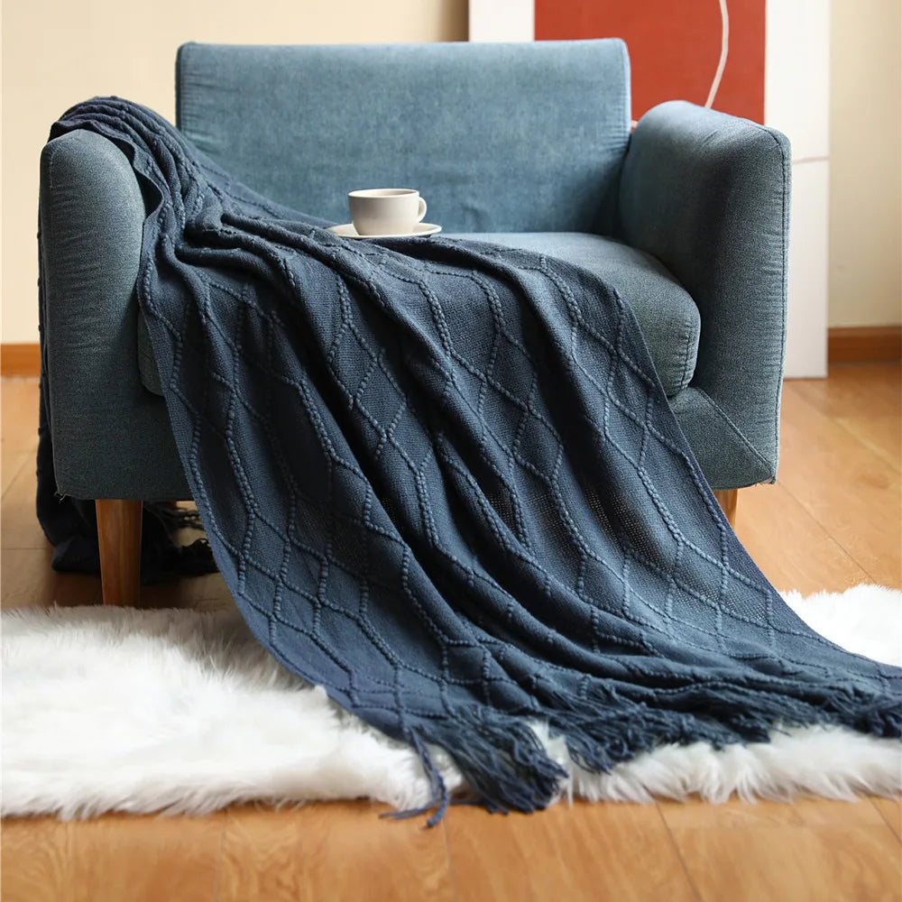Diamond Knit Tassel Throw Blanket – Textured Throw for Sofa & Bed