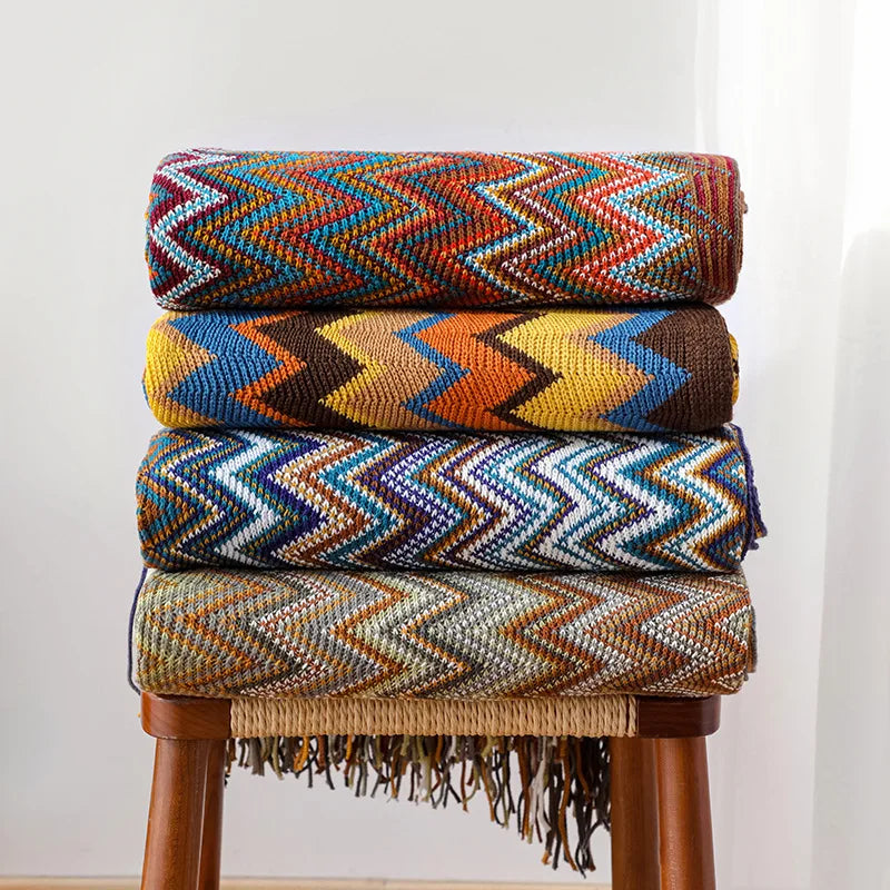 Boho Zigzag Knit Throw Blanket – Tasseled Throw for Sofa & Bed