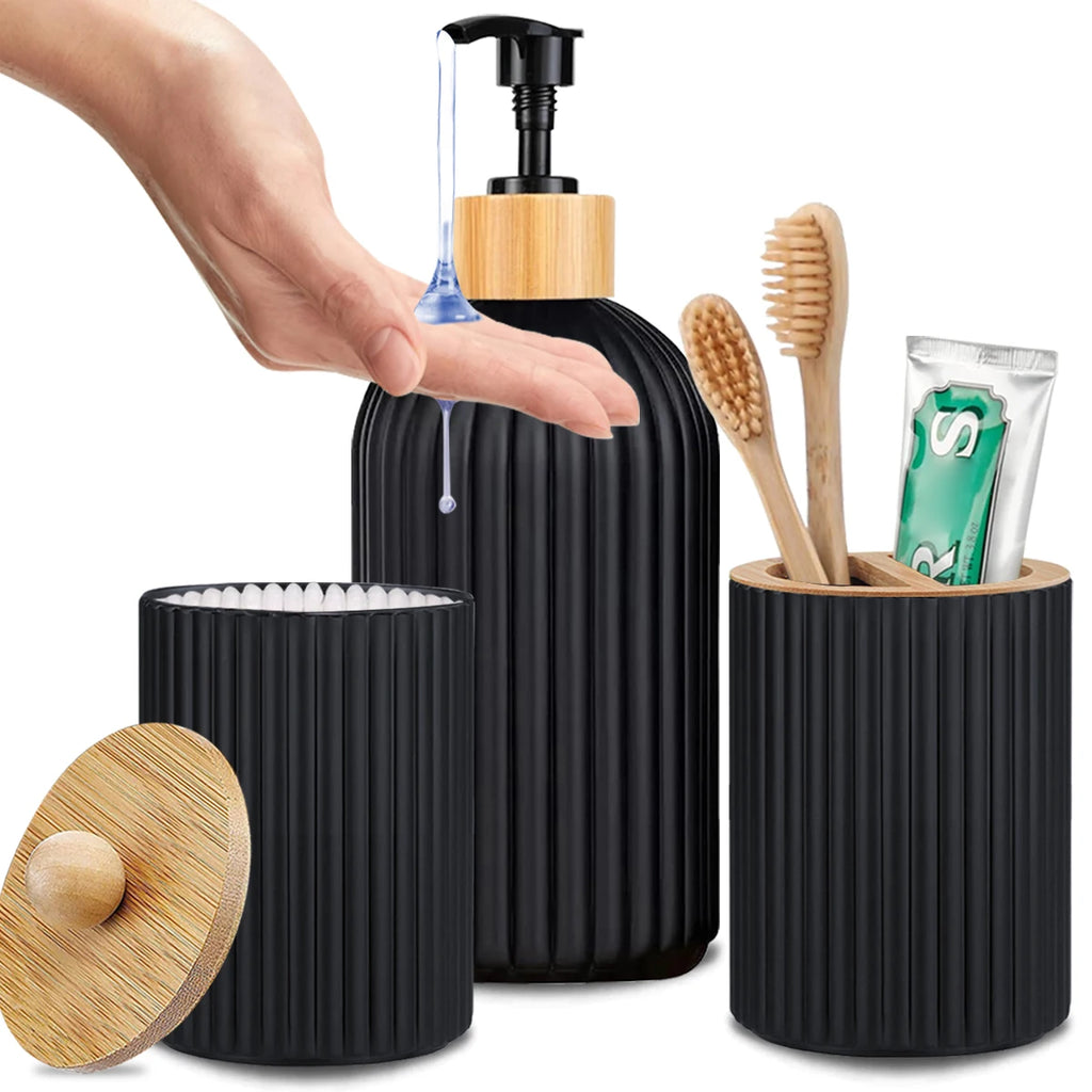 Ribbed Bathroom Accessory Set – Soap Dispenser, Tumbler & Storage Jar