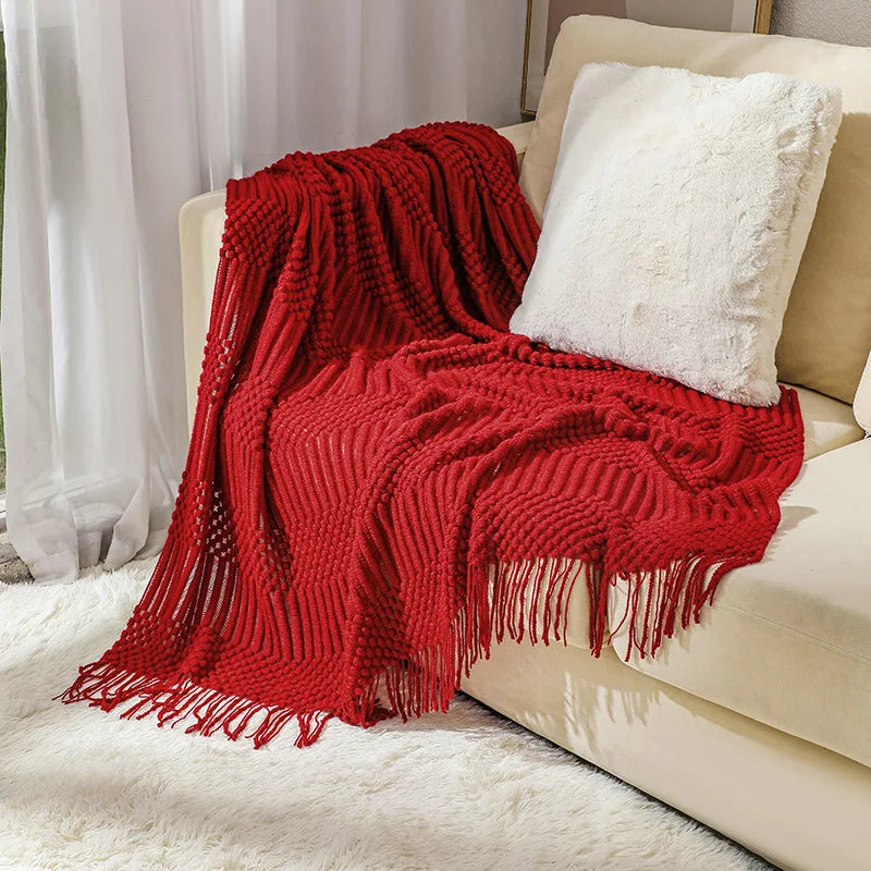 Diamond Knit Tassel Throw Blanket – Textured Throw for Sofa & Bed