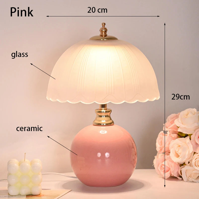 Glass Dome Bedside Lamp – Ceramic Base Nightstand Lamp, USB or Plug