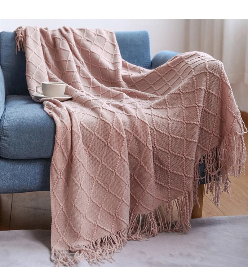 Diamond Knit Tassel Throw Blanket – Textured Throw for Sofa & Bed