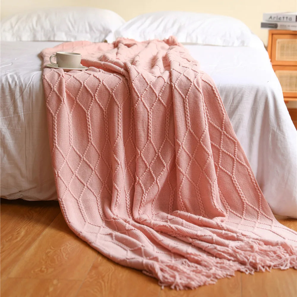 Diamond Knit Tassel Throw Blanket – Textured Throw for Sofa & Bed