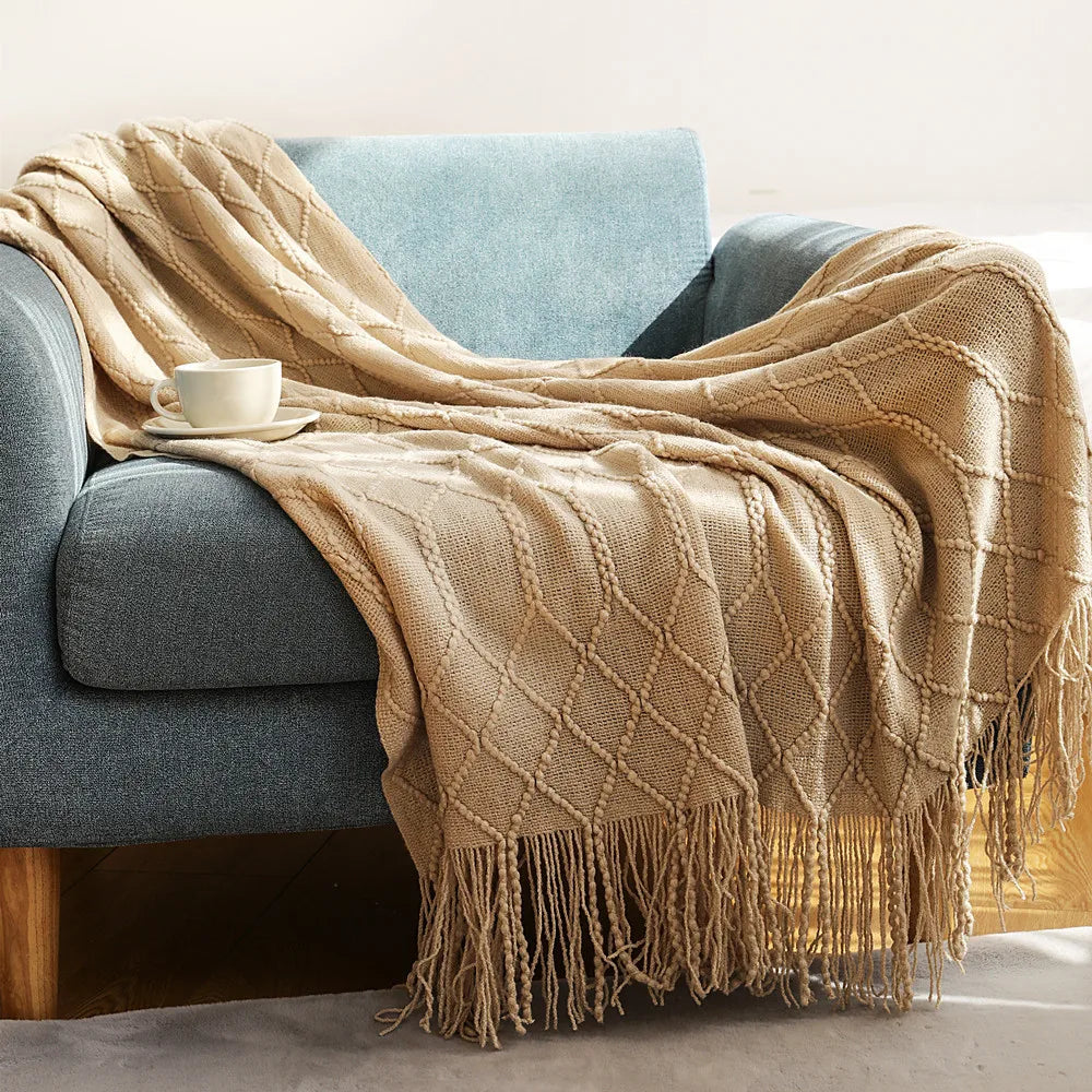 Diamond Knit Tassel Throw Blanket – Textured Throw for Sofa & Bed