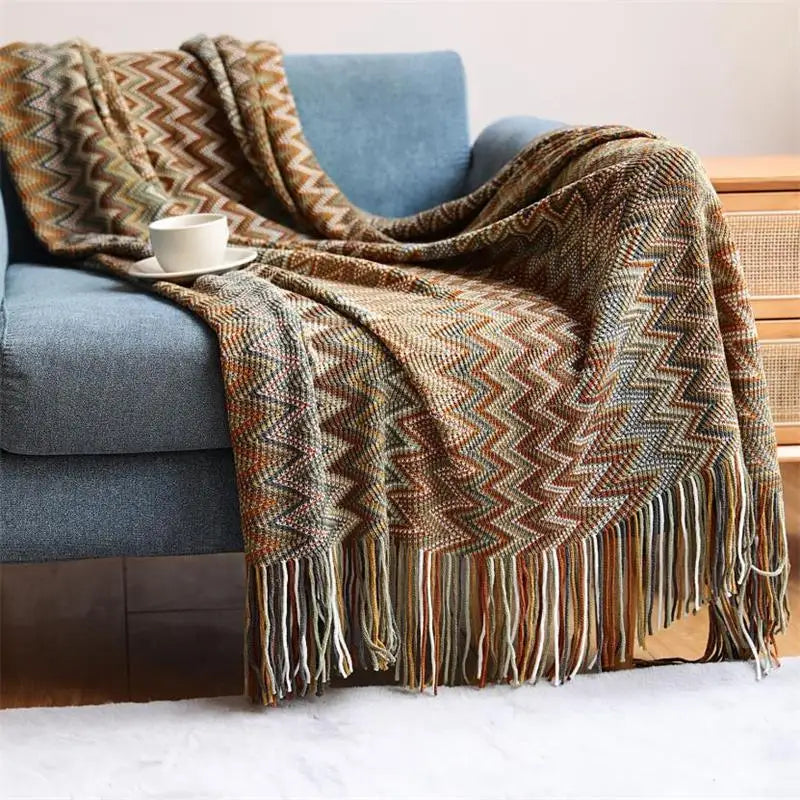 Hand-Knitted Tassel Throw Blanket – Boho Knit Throw for Sofa & Bed