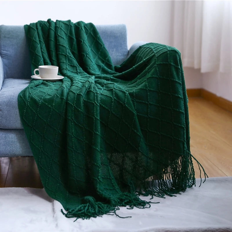 Diamond Knit Tassel Throw Blanket – Textured Throw for Sofa & Bed