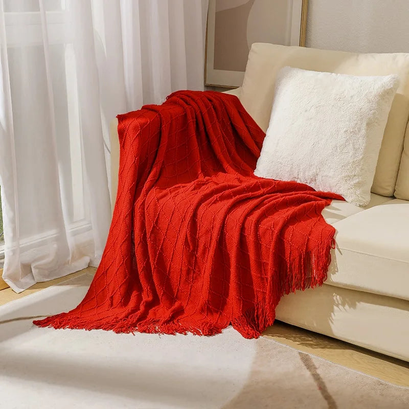 Diamond Knit Tassel Throw Blanket – Textured Throw for Sofa & Bed