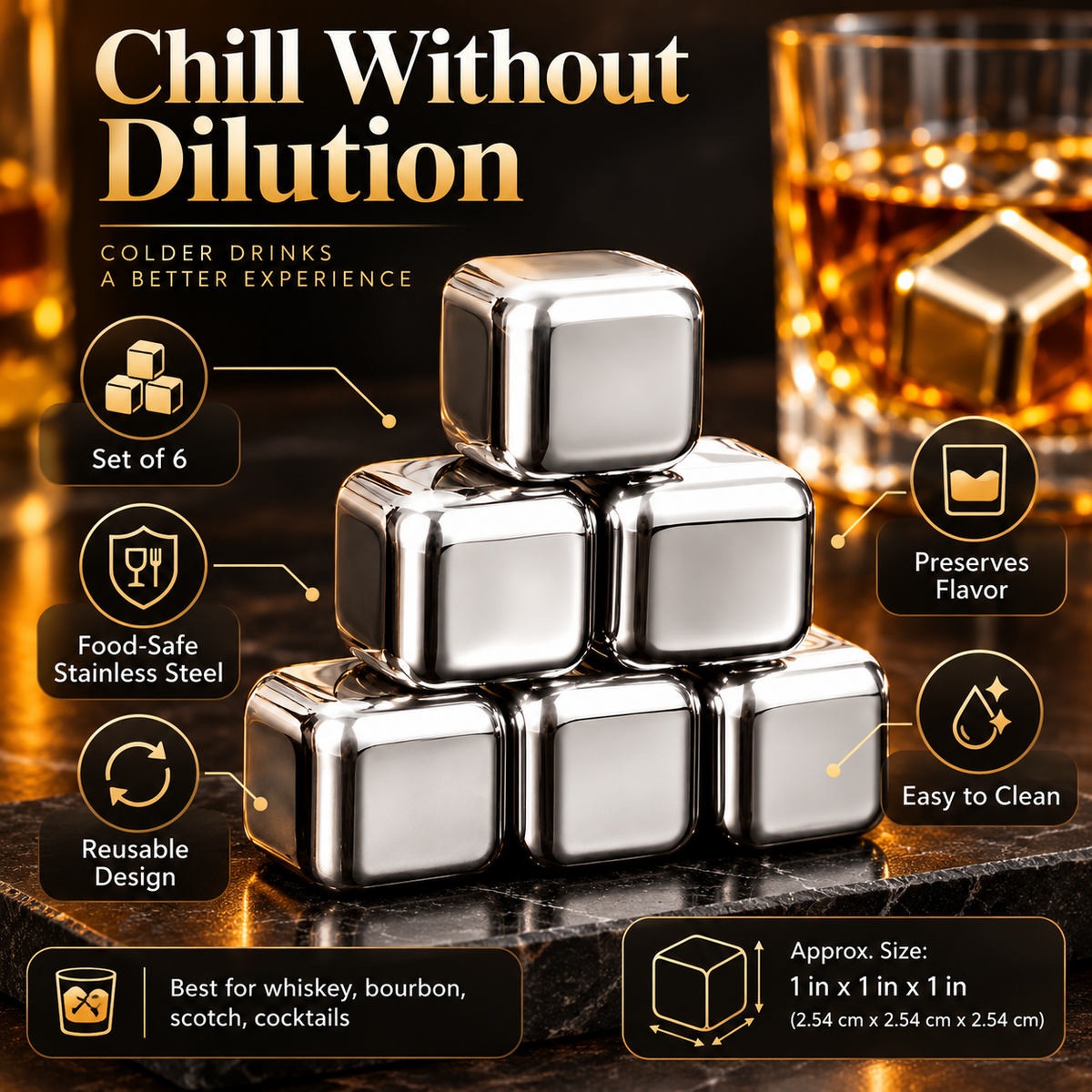 Stainless Steel Whiskey Stones – Set of 6 Chilling Rocks