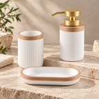 White Ribbed Bathroom Set – Soap Dispenser & Tumbler