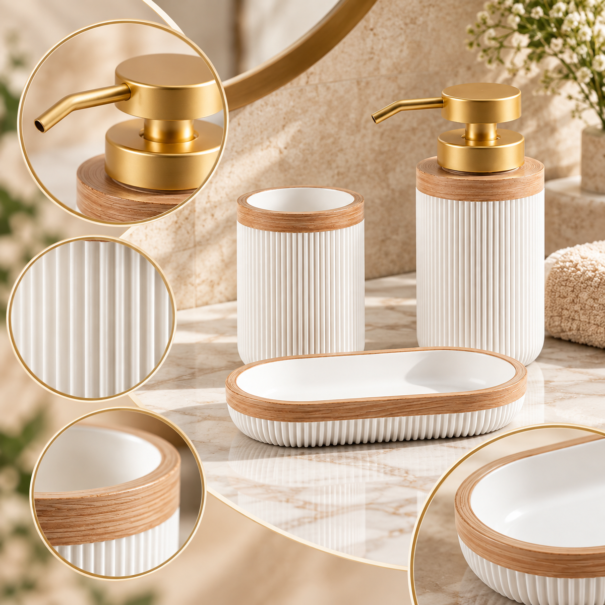 White Ribbed Bathroom Set – Soap Dispenser & Tumbler