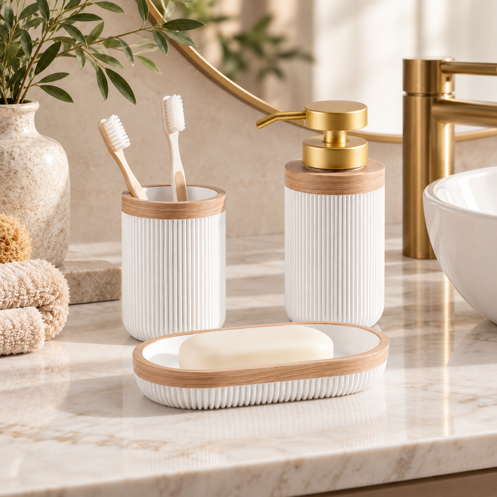 White Ribbed Bathroom Set – Soap Dispenser & Tumbler