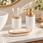 White Ribbed Bathroom Set – Soap Dispenser & Tumbler