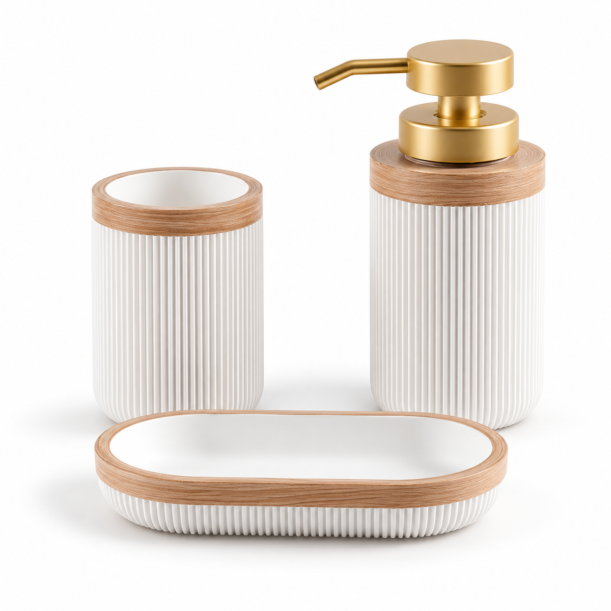 White Ribbed Bathroom Set – Soap Dispenser & Tumbler